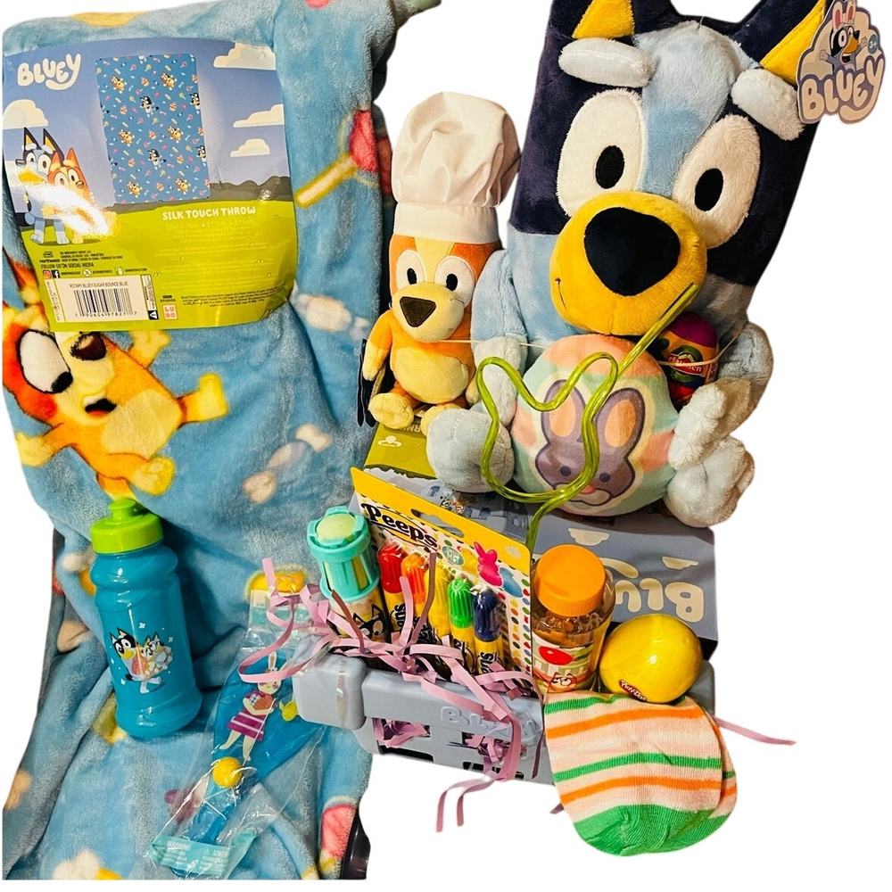 Bluey Trolley cart with 50 by 70 Sugar Bounce Blue with Bluey and Bingo plush